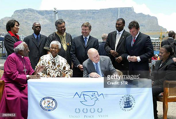 Nobel Peace Prize Laureates Archbishop Desmond Tutu, former South African President Nelson Mandela, former South African President F W de Klerk and...