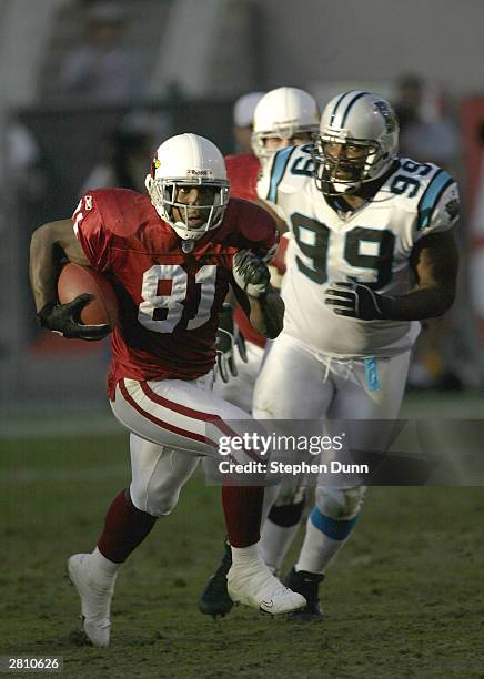 Wide receiver Anquan Boldin of the Arizona Cardinals carries the ball as defensive tackle Brentson Buckner#99 of the Carolina Panthers pursues on...