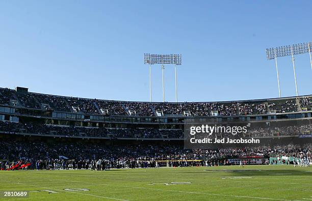 An interior view of the Network Associates Coliseum is shown during a game with the Oakland Raiders and the Baltimore Ravens on December 14, 2003 at...