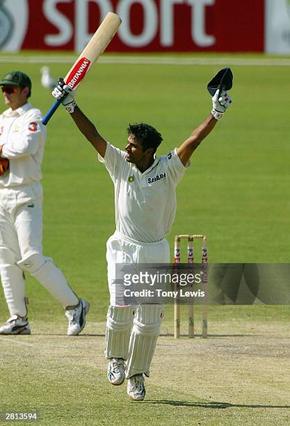 Rahul Dravid celebrates after hitting the winning run to give India a four wicket victory in the 2nd Test between Australia and India at the Adelaide...