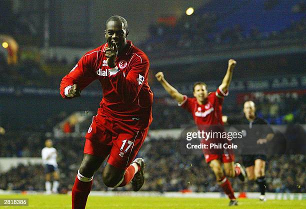 Michael Ricketts of Middlesbrough celebrates scoring the first goal for Middlesbrough during the Carling Cup Quarter Final match between Tottenham...