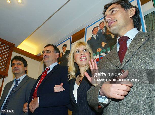 Alessandra Mussolini , grandaughter of late Italian dictator Benito Mussolini and member of the Italian parliament, poses with Roberto Fiore leader...