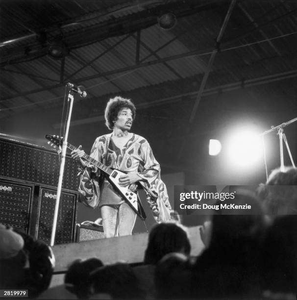 Influential rock guitarist Jimi Hendrix in action at the Isle of Wight festival, August 1970.