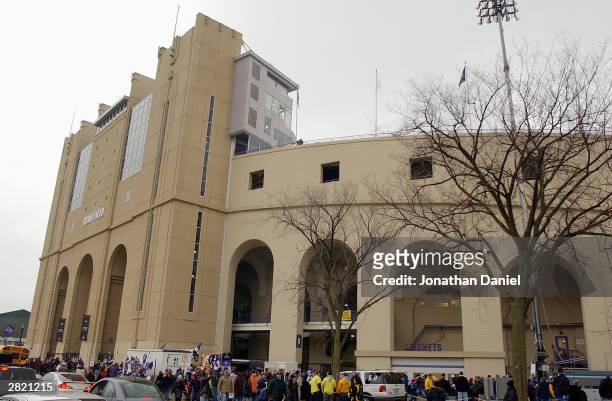 Fans wait in line outside the stadium before the game between the Michigan Wolverines and the Northwestern Wildcats on November 15, 2003 at Ryan...