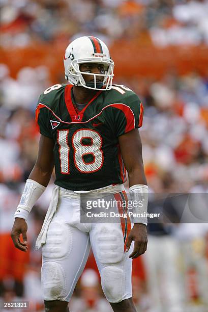 Quarterback Derrick Crudup of the University of Miami Hurricanes stands on the field during the game against the Syracuse University Orangemen at the...