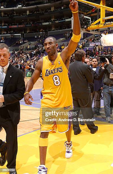 Kobe Bryant of the Los Angeles Lakers celebrates a win on his game winning buzzer beater over the Denver Nuggets at Staples Center on December 19,...