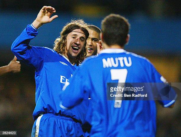 Hernan Crespo of Chelsea celebrates scoring the first goal during the FA Barclaycard Premiership match between Fulham and Chelsea at Loftus Road on...