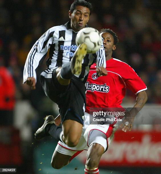 Nolberto Solano of Newcastle gets past Jason Euell of Charlton during the FA Barclaycard Premiership match between Charlton Athletic and Newcastle...