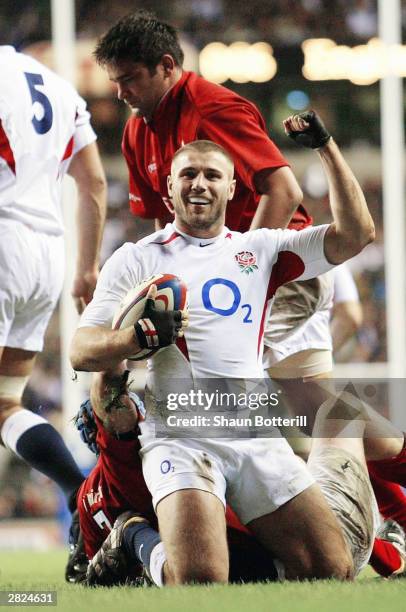 Ben Cohen of England celebrates scoring a try during the Zurich World Champions Challenge match between England XV and the New Zealand Barbarians at...