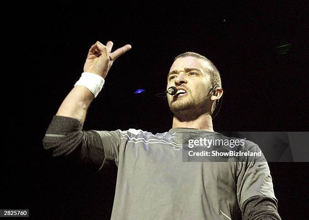 Singer Justin Timberlake plays The Point Theatre on December 20, 2003 in Dublin, Ireland.