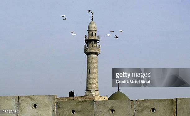 Flock of birds flies over a mosque in the Israeli Arab town of Baka al-Gharbiya where the Israeli separation barrier cuts off December 22, 2003 from...