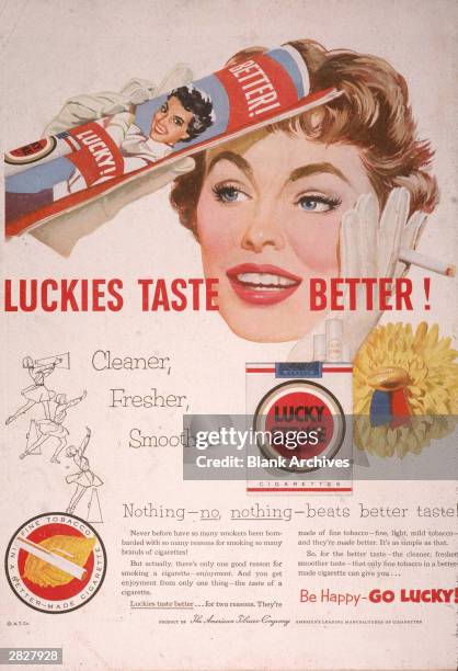 Print ad for Lucky Strike cigarettes showing a woman smoking and featuring the slogan, 'Luckies Taste Better!'