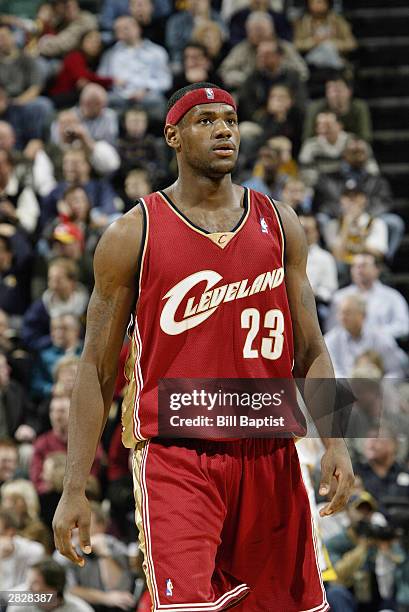 LeBron James of the Cleveland Cavaliers on the court during the game against the Indiana Pacers at Conseco Fieldhouse on December 15, 2003 in...