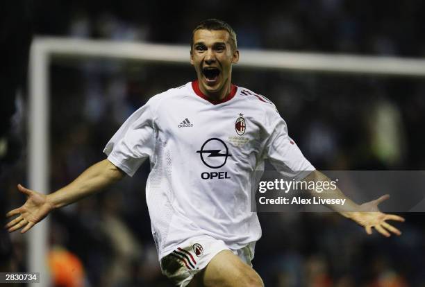 Andrei Shevchenko of AC Milan celebrates after scoring the winning penalty after the UEFA Champions League Final match between Juventus FC and AC...