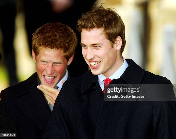 Prince Harry and HRH Prince William leave along with other members of the Royal family after attending a Christmas Day service St. Mary Magdelene...