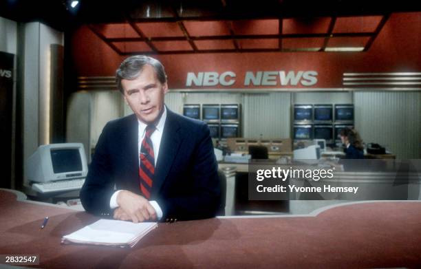 Tom Brokaw broadcasts the news November 4, 1987 from the set of NBC's Nightly News in New York City.