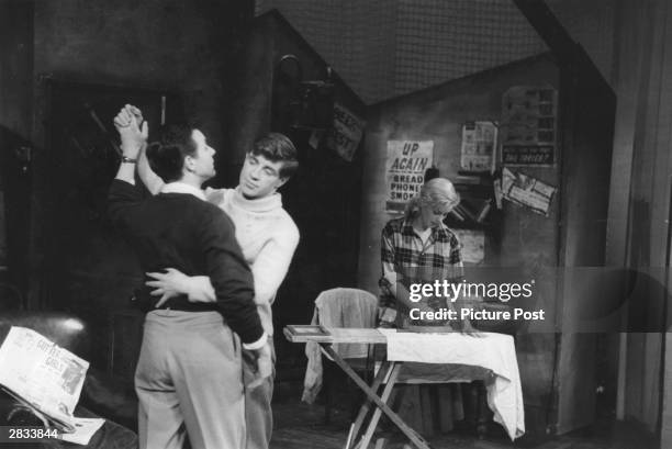 Kenneth Haigh, Alan Bates and Mary Ure at the Royal Court Theatre in London in John Osborne's production of 'Look Back in Anger'. Original...