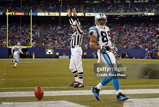 Steve Smith of the Carolina Panthers celebrates after returning a punt for a touchdown against the New York Giants on December 28, 2003 at Giant...