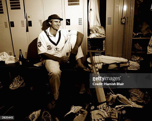 Matthew Hayden of Australia relaxes in the dressing room after scoring 380 to break Brian Lara of The West Indies world record of 375 during day two...