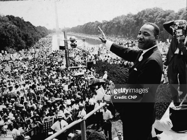 American Religious and Civil Rights leader Dr Martin Luther King Jr addresses a crowd at the March On Washington, Washington DC, August 28, 1963.