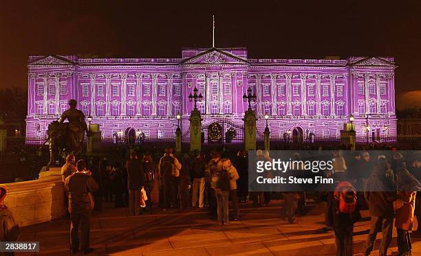 Buckingham Palace is lit up with artwork as part of a number of switch-on ceremonies leading up to Christmas and New Year on December 31, 2003 in...