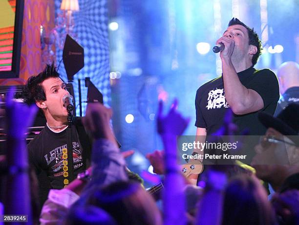 Rock group Simple Plan performs onstage during the "MTV New Year's Eve: 2004" celebration on December 31, 2003 at the MTV Times Square Studios, in...