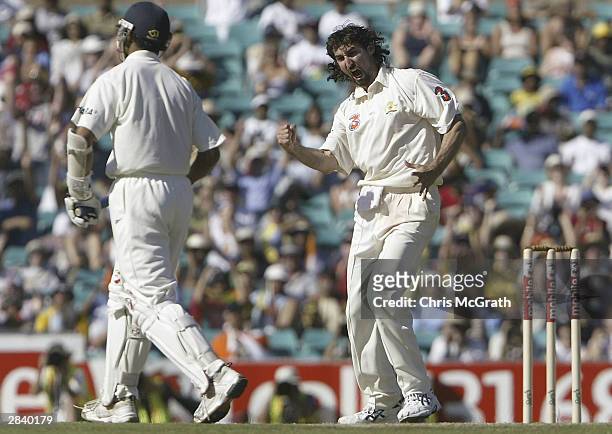 Jason Gillespie of Australia celebrates taking the wicket of Rahul Dravid of India during day one of the 4th Test between Australia and India at the...