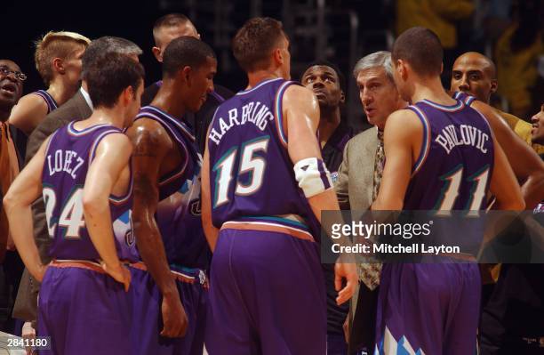 Head coach Jerry Sloan of the Utah Jazz talks to his team during the game against the Washington Wizards at the MCI Center in Washington, D.C. On...