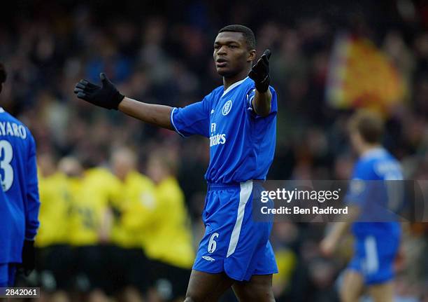 Marcel Desailly of Chelsea appeals to the referee after Heidar Helguson of Watford scored the first goal during the FA Cup Third Round match between...