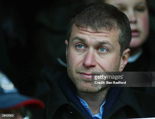 Chelsea owner Roman Abramovich looks on during the FA Cup Third Round match between Watford and Chelsea at Vicarage Road on January 3, 2004 in...