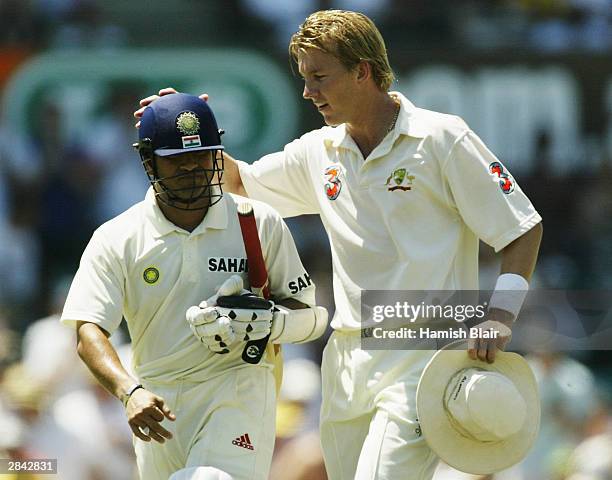 Brett Lee of Australia congratulates Sachin Tendulkar of India as India declares during day three of the 4th Test between Australia and India at the...