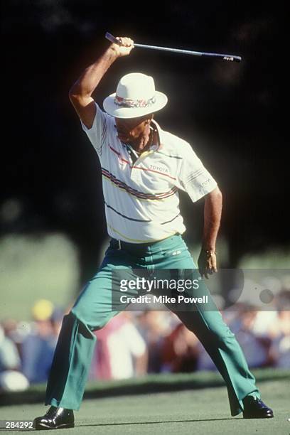 Chi Chi Rodriguez performs his famous swashbuckler''s dance after sinking a putt. Mandatory Credit: Mike Powell/ALLSPORT