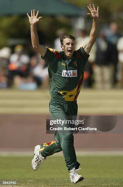 Scott Kremerskothen of the Tigers celebrates taking the wicket of Ian Harvey of the Bushrangers during the ING Cup match between the Tasmanian Tigers...
