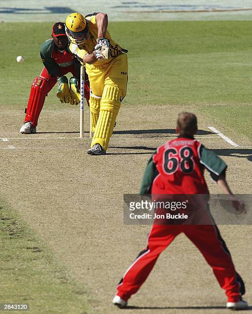 Grant Flower of Zimbabwe bowls to Scott Meuleman of the Warriors during the Remax Cup match between Retravision Warriors and Zimbabwe at the WACA...