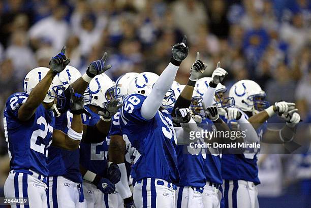 Members of the Indianapolis Colts special team celebrate before a kickoff during the AFC playoff game against the Denver Broncos on January 4, 2004...