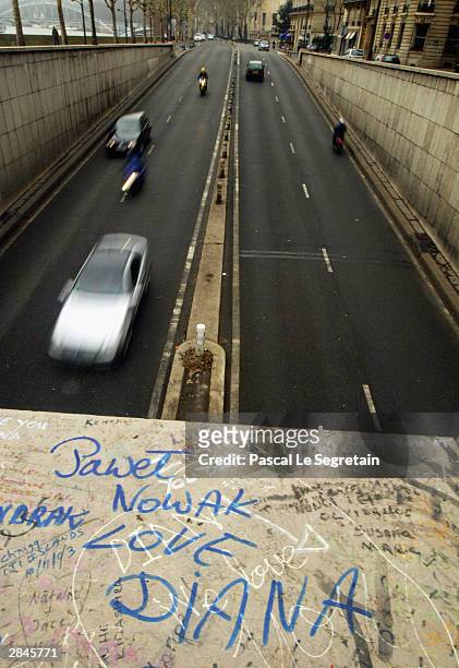 Messages are seen above the entrance to the tunnel where Diana, Princess of Wales and Dodi Al Fayed died in a tragic car crash, January 5, 2004 in...