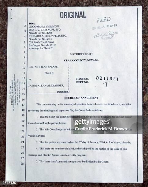 Copy of the affidavit for annulment of marriage for recording artist/bride Britney Spears and groom Jason Allen Alexander on file at the Family...