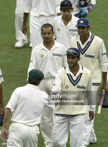 Retiring Australian captain Steve Waugh shakes hands with Indian captain Sourav Ganguly during day five of the 4th Test between Australia and India...