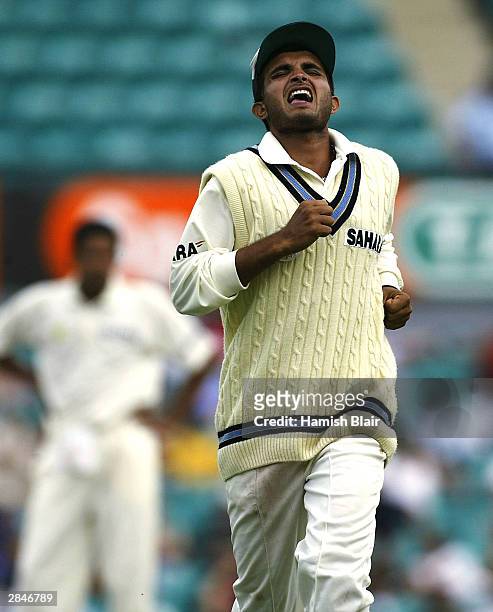 Sourav Ganguly of India shows the strain during day five of the 4th Test between Australia and India at the SCG on January 6, 2004 in Sydney,...