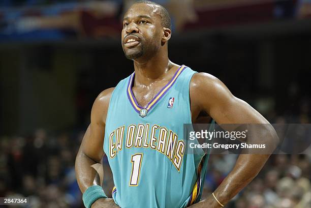 Baron Davis of the New Orleans Hornets on the court during the game against the Cleveland Cavaliers at the Gund Arena on December 23, 2003 in...