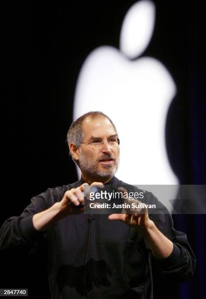 Apple CEO Steve Jobs delivers a keynote address at Macworld January 6, 2004 in San Francisco. Jobs announced several new products including the new...