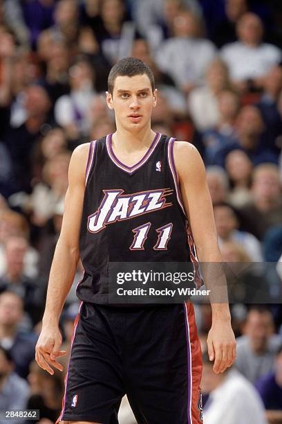 Aleksandar Pavlovic of the Utah Jazz looks on during the game against the Sacramento Kings on December 28, 2003 at Arco Arena in Sacramento,...