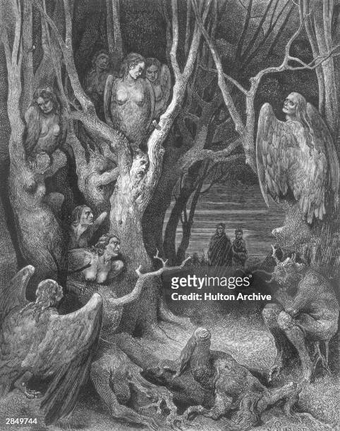 Virgil leads the author through a wood filled with Harpies and miserable souls transformed into trees. An engraving by Gustave Dore, illustrating...