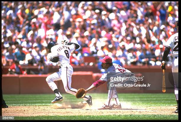 PHILADELPHIA PHILLIES THIRD BASEMAN KEN HOWELL MISSES TAG ON SAN FRANCISCO GIANTS ROBBY THOMPSON IN GAME AT CANDLESTICK PARK IN SAN FRANCISCO,...