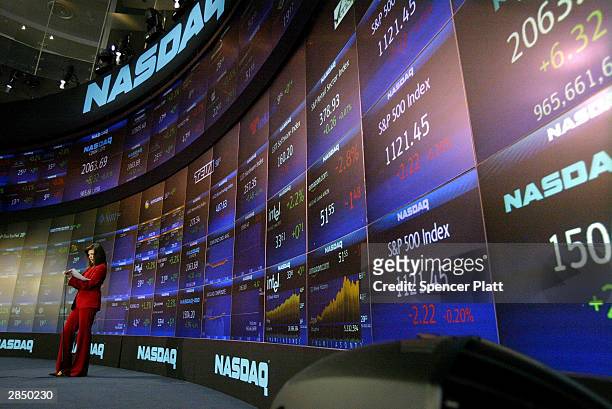 Television journalist Daniela Schneider gives a report at the Nasdaq MarketSite January 7, 2004 in New York City. The Nasdaq, which is up more than...