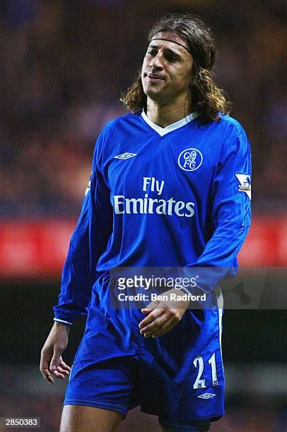 Hernan Crespo of Chelsea looks dejected as he leaves the pitch early with an injury during the FA Barclaycard Premiership match between Chelsea and...