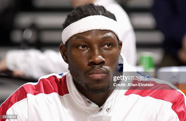 Ben Wallace of the Detroit Pistons on the bench during the game against the New Orleans Hornets on December 29, 2003 at the Palace of Auburn Hills in...