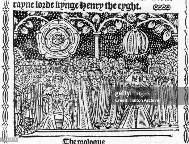 King Henry VIII and his wife Catherine of Aragon are crowned at Westminster Abbey, June 1509. They are surmounted by Tudor Roses, one open, one in...