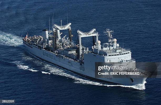 The French navy logistics ship La Somme sails in the Red Sea 08 Januray 2004. The command and refuelling ship, the Somme, which can replenish vessels...