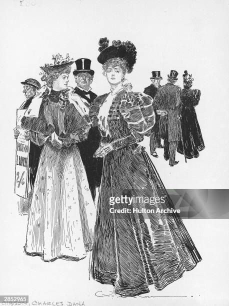 An untitled illustration by Charles Dana Gibson depicts a pair of fashionable young women in London watched by a older man wearing a top hat, c....